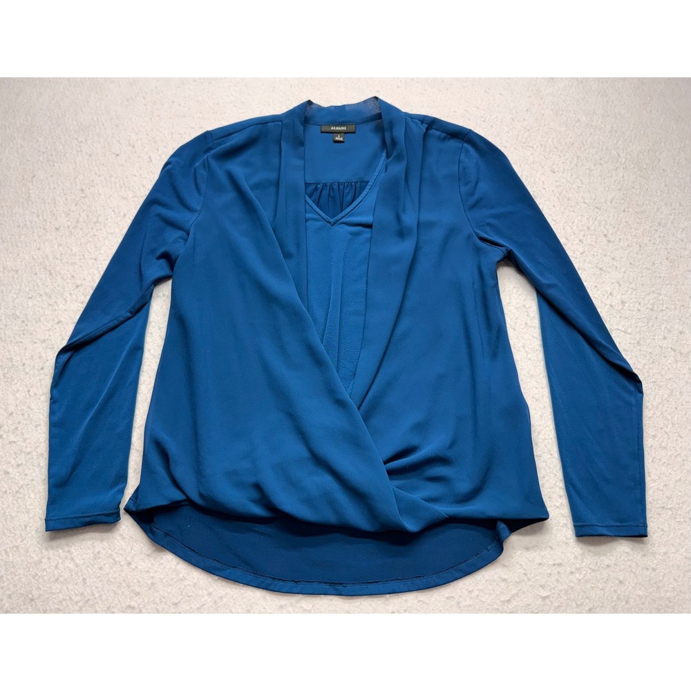 Alfani Womens Teal Blue Faux Wrap V-Neck Long Sleeve Blouse Top Small